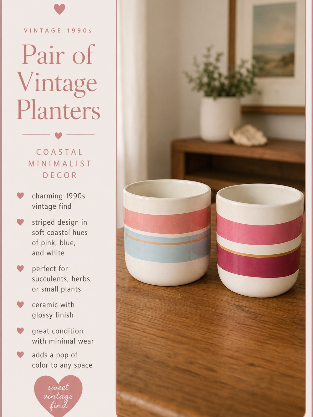Pair of Pink & Blue Striped Ceramic Planters